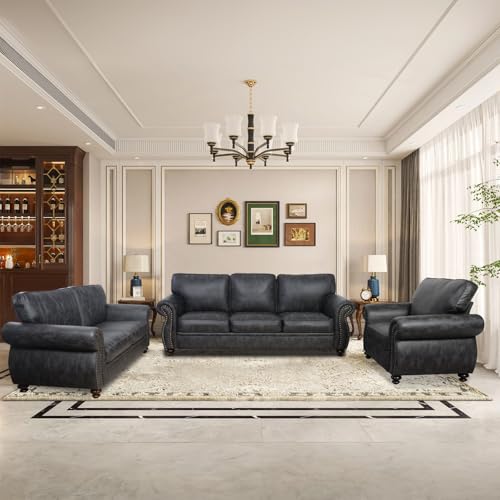 Mid-Century Vintage Sofa Couches with Rivet Design,3-Seater Sofa,Removable Sofa Cover Upholstered Cushions and Solid Wood Frame (Brown, 3-Seater)