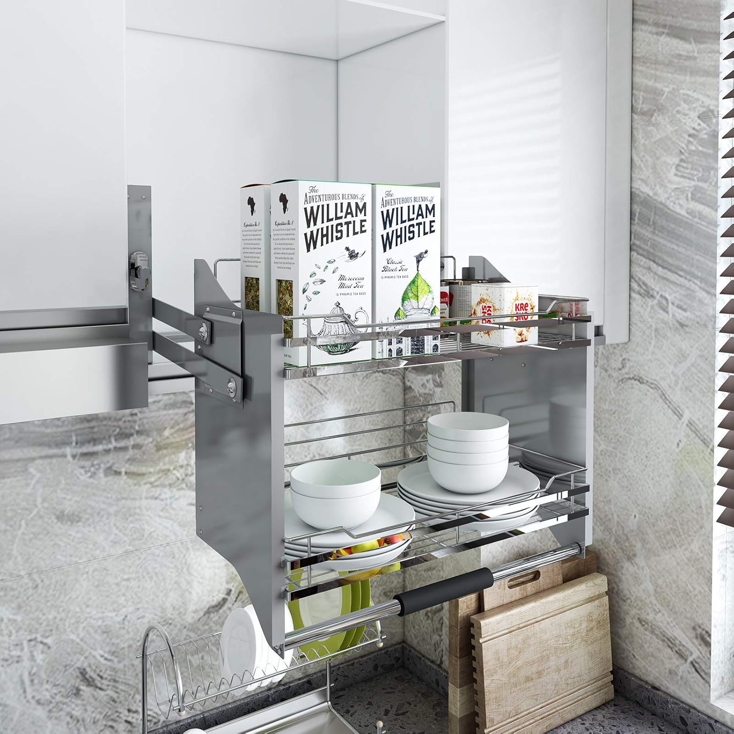WHIFEA Pull-Down Dish Rack System Spice Rack Kitchen Shelf 2 Tier Upper Cabinet Pull-Out Organizer (For Cabinet Width ≥34 1/4'')