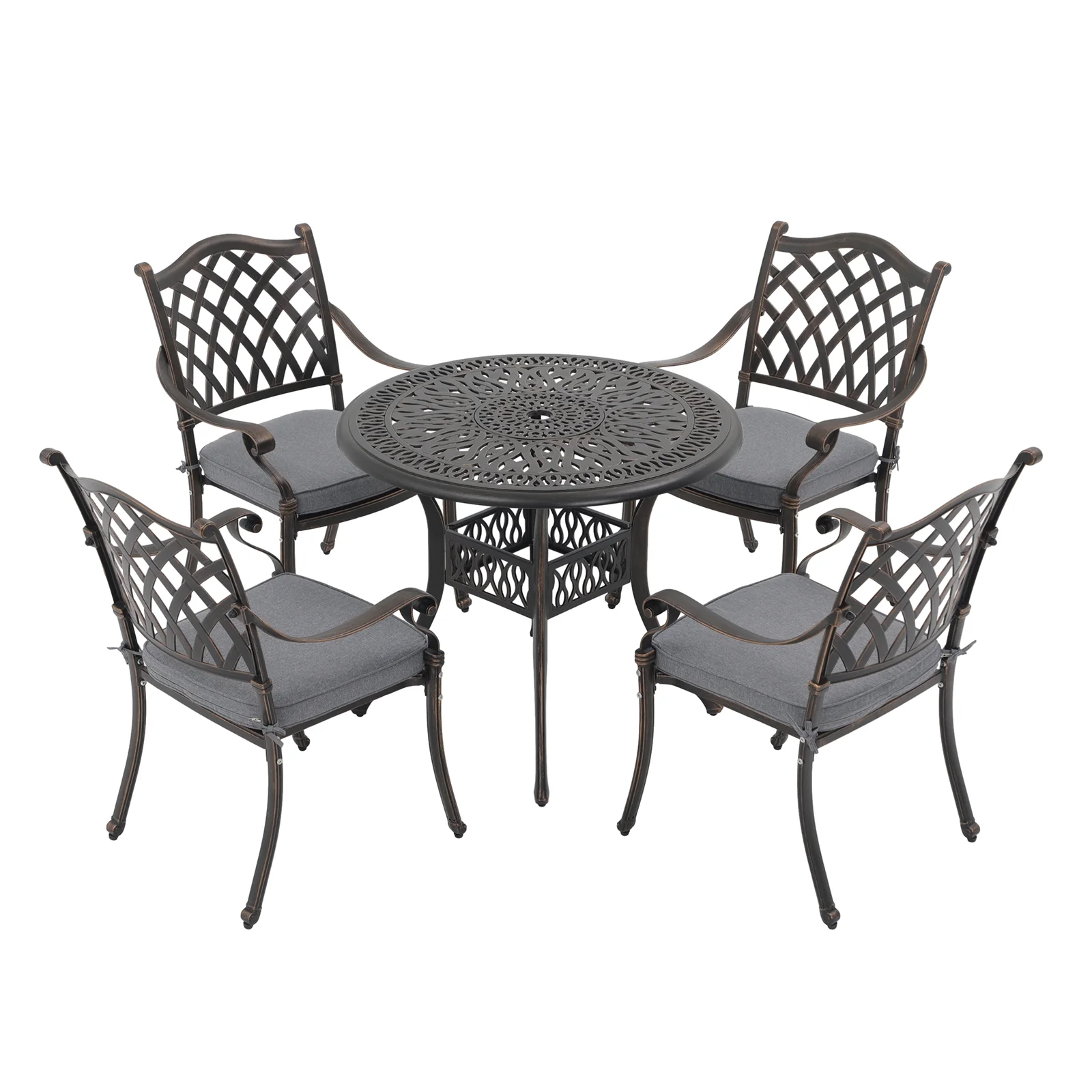 5 Piece Patio Dining Set, Rust-Resistant Cast Aluminum Patio Conversation Set, Outdoor Furniture Patio Table and Cushioned Chairs with Umbrella Hole