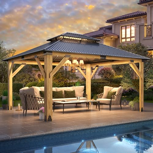 12'x12' Hardtop Gazebo, Outdoor Double Roof Galvanized Steel Gazebos, Aluminum Frame Permanent Pavilion with Curtains & Netting for Backyard, Patio