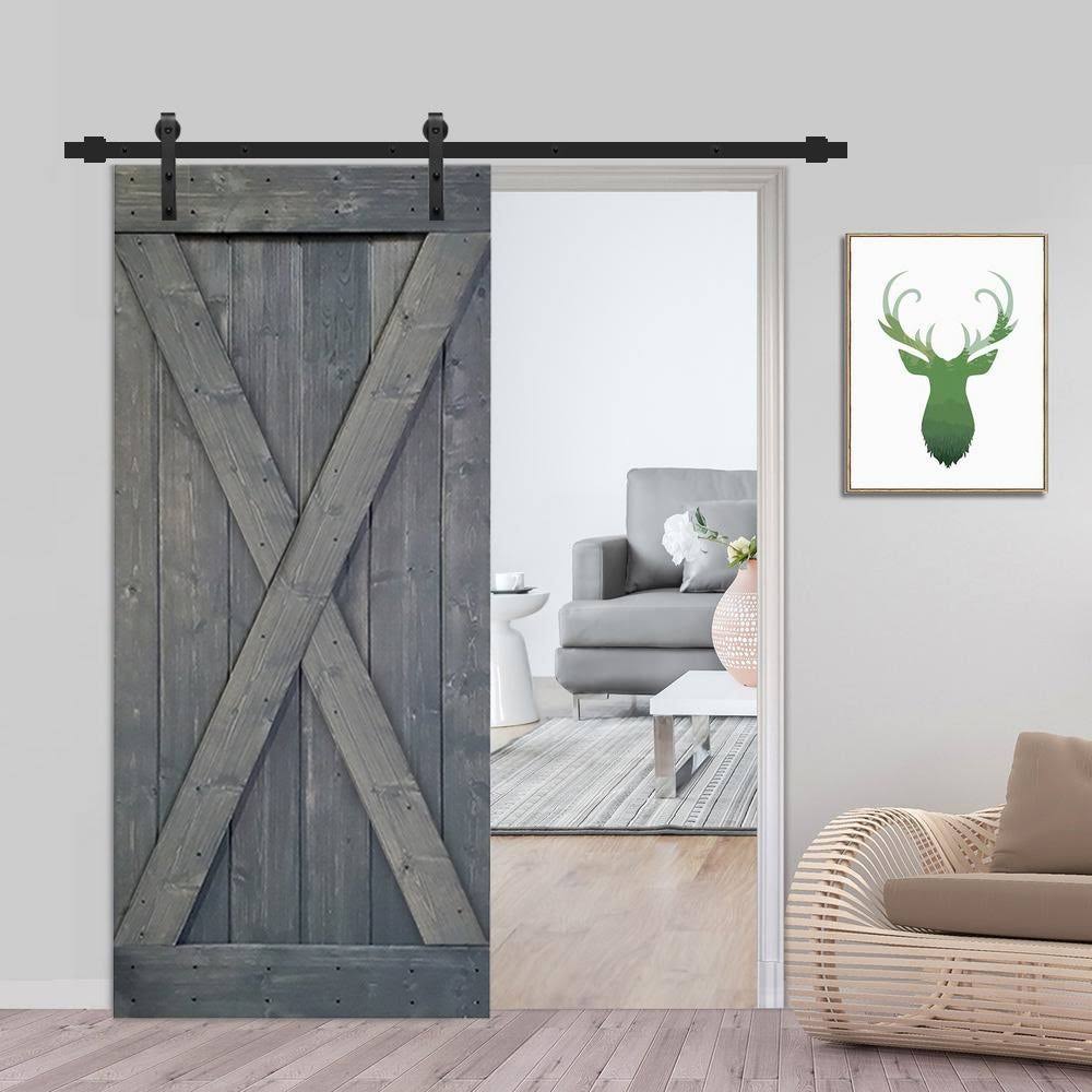CALHOME K Series 36 in. x 84 in. Gray Stained Knotty Pine Wood Interior Sliding Barn Door with Hardware Kit