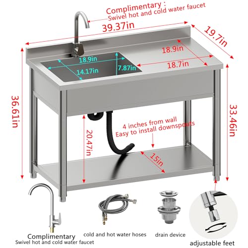 Stainless Steel Utility Sink, Large Freestanding Laundry Sink with Pull-out Faucet for Kitchen, Bathroom, Laundry Room, Garage, Outdoor/Indoor Use