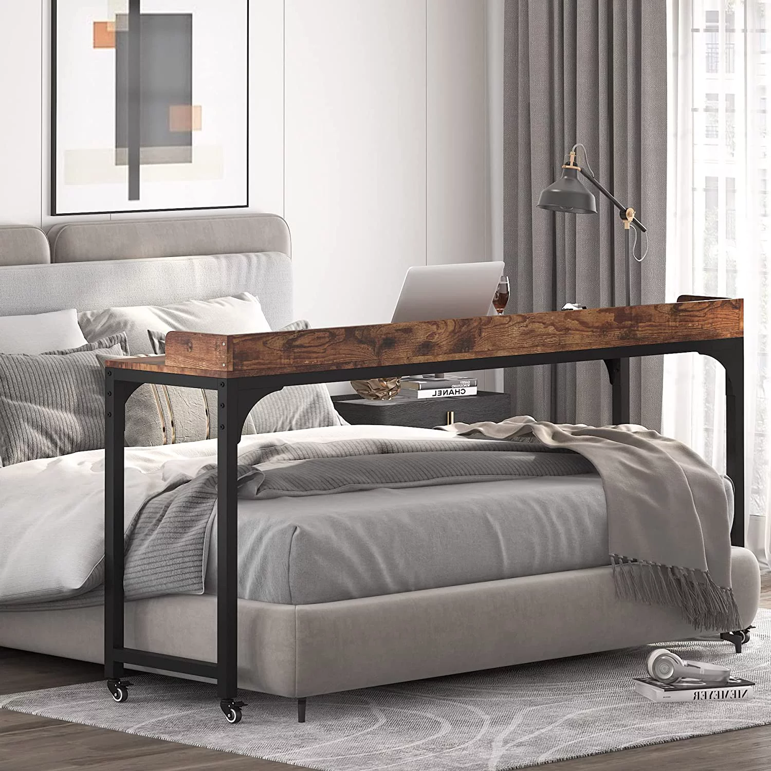 Tribesigns Brown Overbed Table with Wheels 70.8"L Queen Size Mobile Desk with Metal Legs, Unadjustable