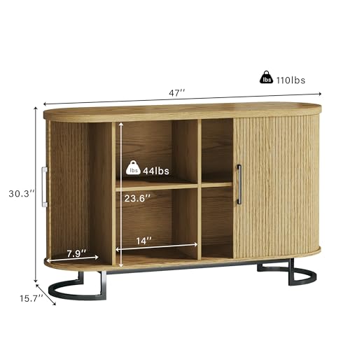Sideboard Buffet Cabinet with Storage, 54.3" Fluted Tambour, Adjustable Shelves, Mid Century Modern Console for Living Room Kitchen Walnut