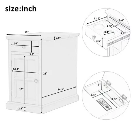 Churanty Vintage End Table with USB Ports Drawer and Cup Holders, Sofa Side Table Bedside Nightstand Narrow Table for Living Room Bedroom
