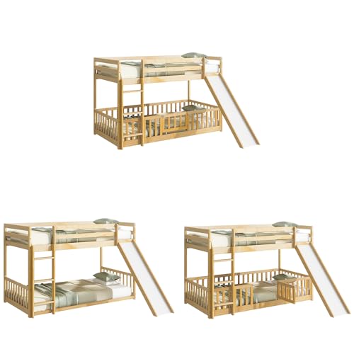 Full-Over-Full Castle Style Bunk Bed with 2 Drawers and 3 Shelves, Wood Bunk Bed Frame with Slide and Storage Staircase for Kids Teens Boys Girls