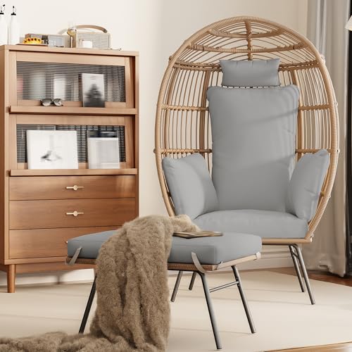 Oversized Wicker Egg Chair with Ottoman, Patio Lounge Chairs with Thick Cushion, Rattan Egg Basket with Steel Frame for Indoor/Outdoor, Porch