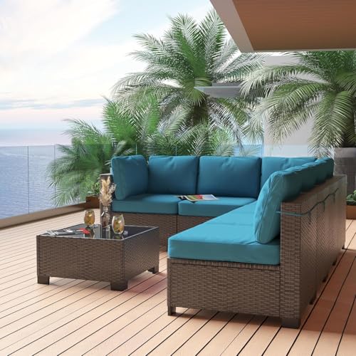 6 Piece Outdoor Patio Furniture Set with Coffee Table, Rattan Deck Conversation Sofa Set