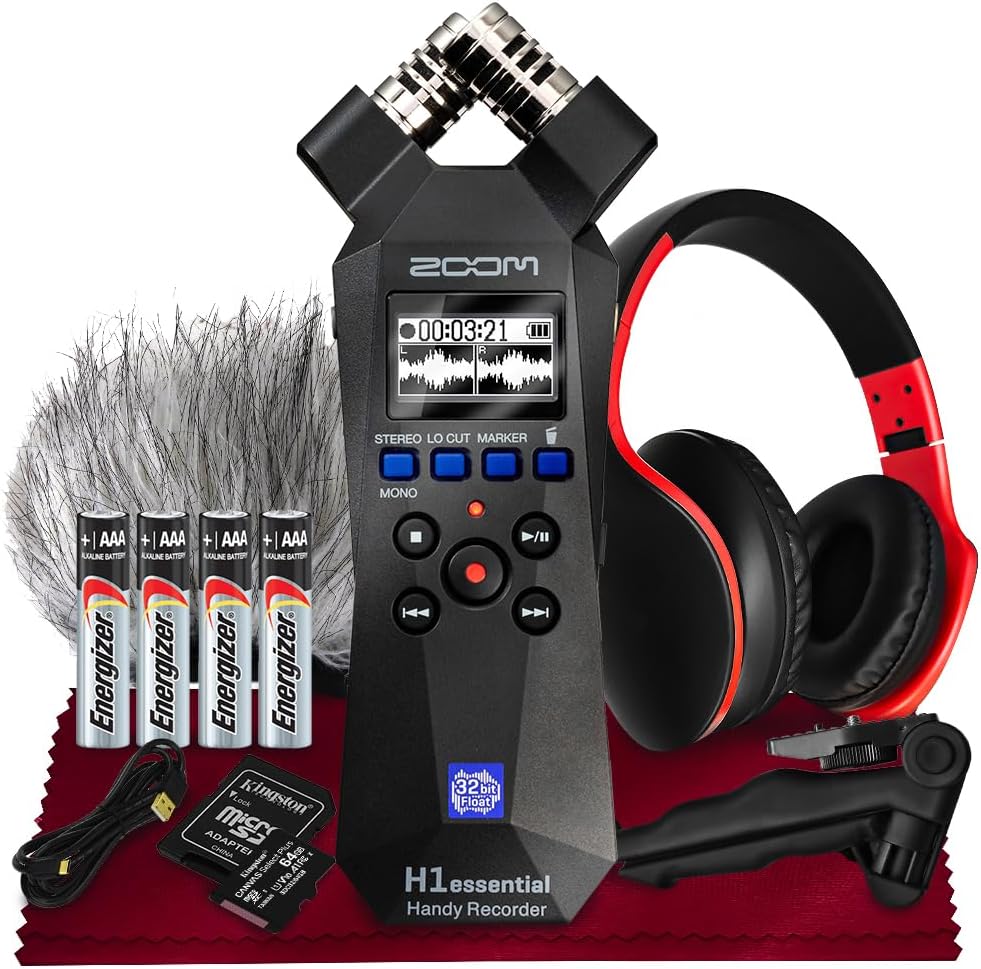 Zoom H1essential Stereo Handy Recorder – H1 Essential (H1E) Portable Audio Recorder 32 Bit Float, USB & X/Y Microphone - 64GB SD, Tripod