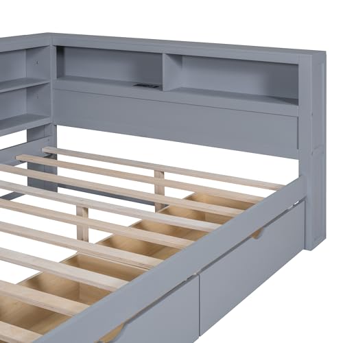 Twin Size Daybed with Bookcase and Drawers, L-Shape Daybed with USB Ports and Storage Headboard