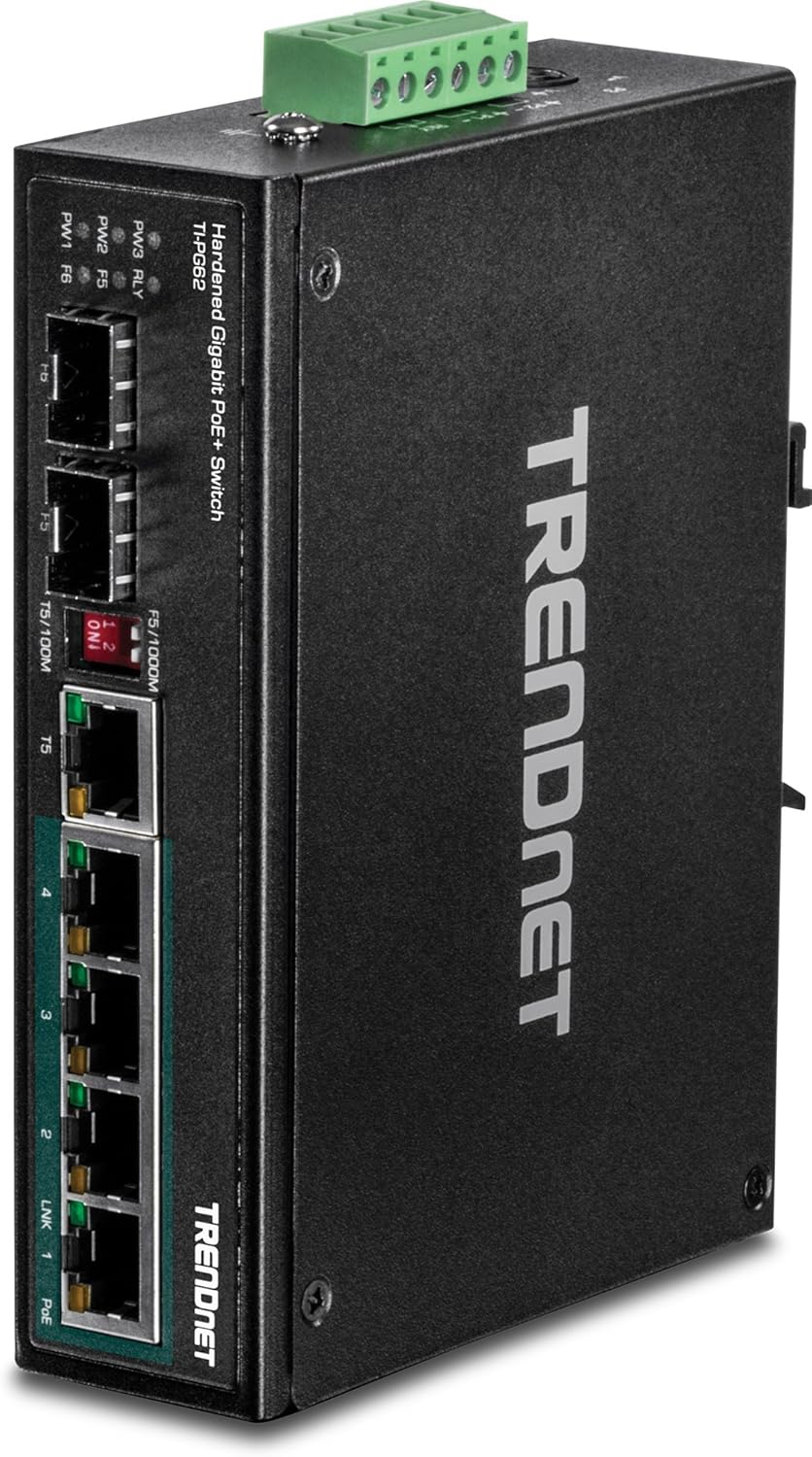 TRENDnet 6-Port Hardened Industrial Gigabit PoE+ DIN-Rail Switch, 4 x Gigabit PoE+ Ports, Shared Gigabit Port (RJ-45/SFP), Dedicated SFP