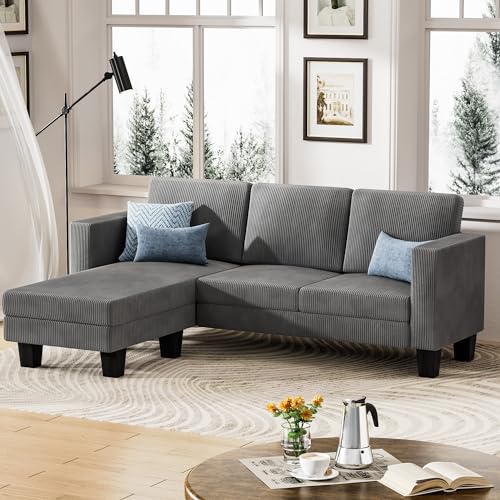 YESHOMY L-Shaped Convertible Sectional Sofa 3 Seater with Corduroy Fabric, Complete with Mobile Footrest, for Living Room, Apartment and Office, 70"