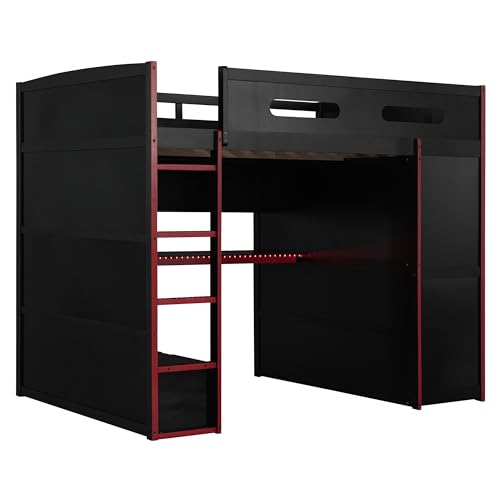Gaming Bed with Desk,Wardrobe,Ample Storage Space,and RGB LED Light, Full Size Wood Loft Bed for Kids Bedroom (Cloud Blue/K)