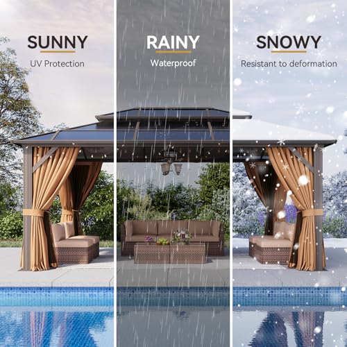 Aoxun 12'x16' Hardtop Gazebo, Aluminum Frame Permanent Pavilion with Netting and Curtains, Outdoor Polycarbonate Double Roof Canopy