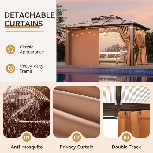 Aoxun 12'x16' Hardtop Gazebo, Aluminum Frame Permanent Pavilion with Netting and Curtains, Outdoor Polycarbonate Double Roof Canopy