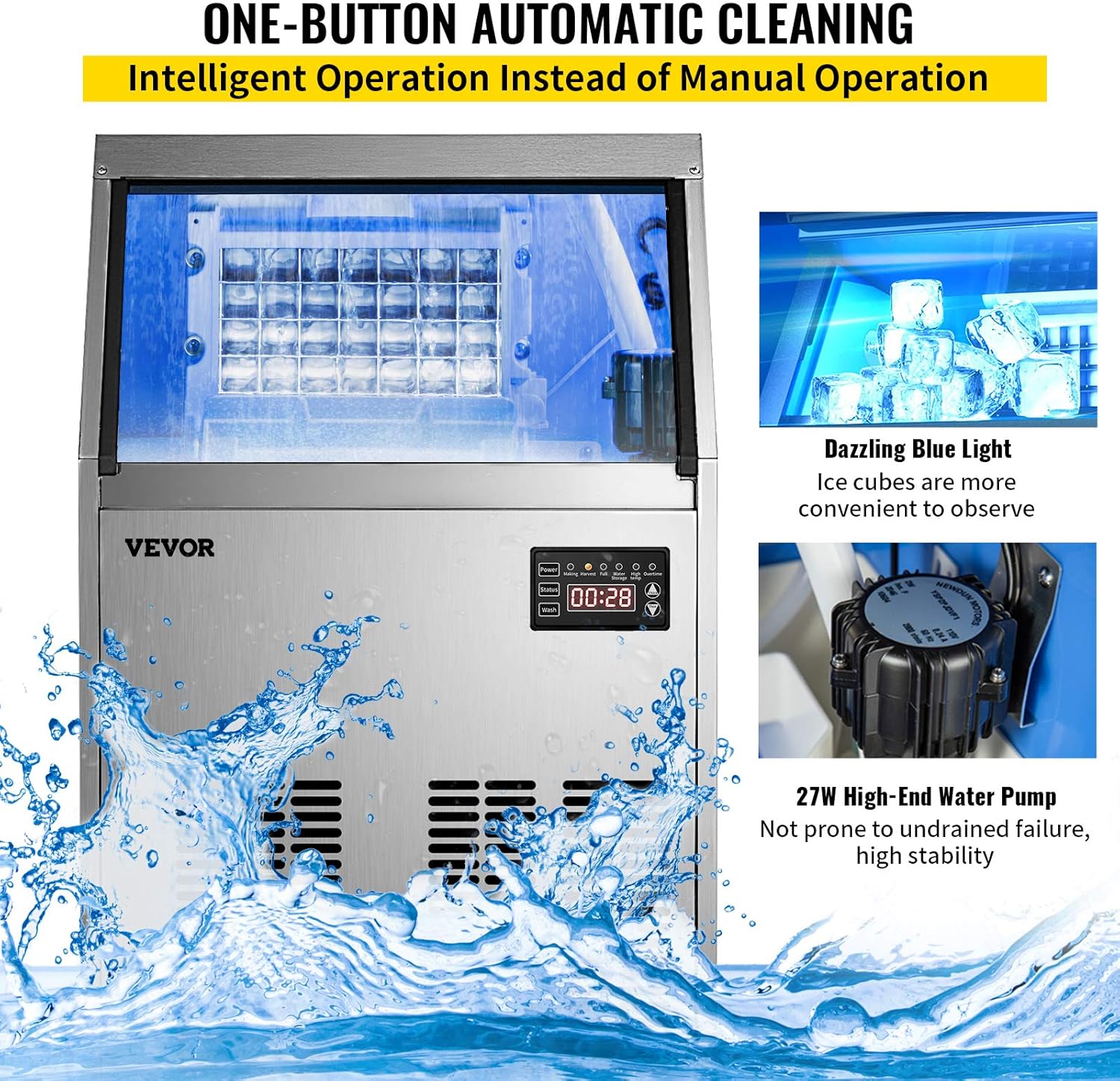 VEVOR 110V Commercial Ice Maker 80-90LBS/24H with 33LBS Bin, Full Heavy Duty Stainless Steel Construction, Automatic Operation