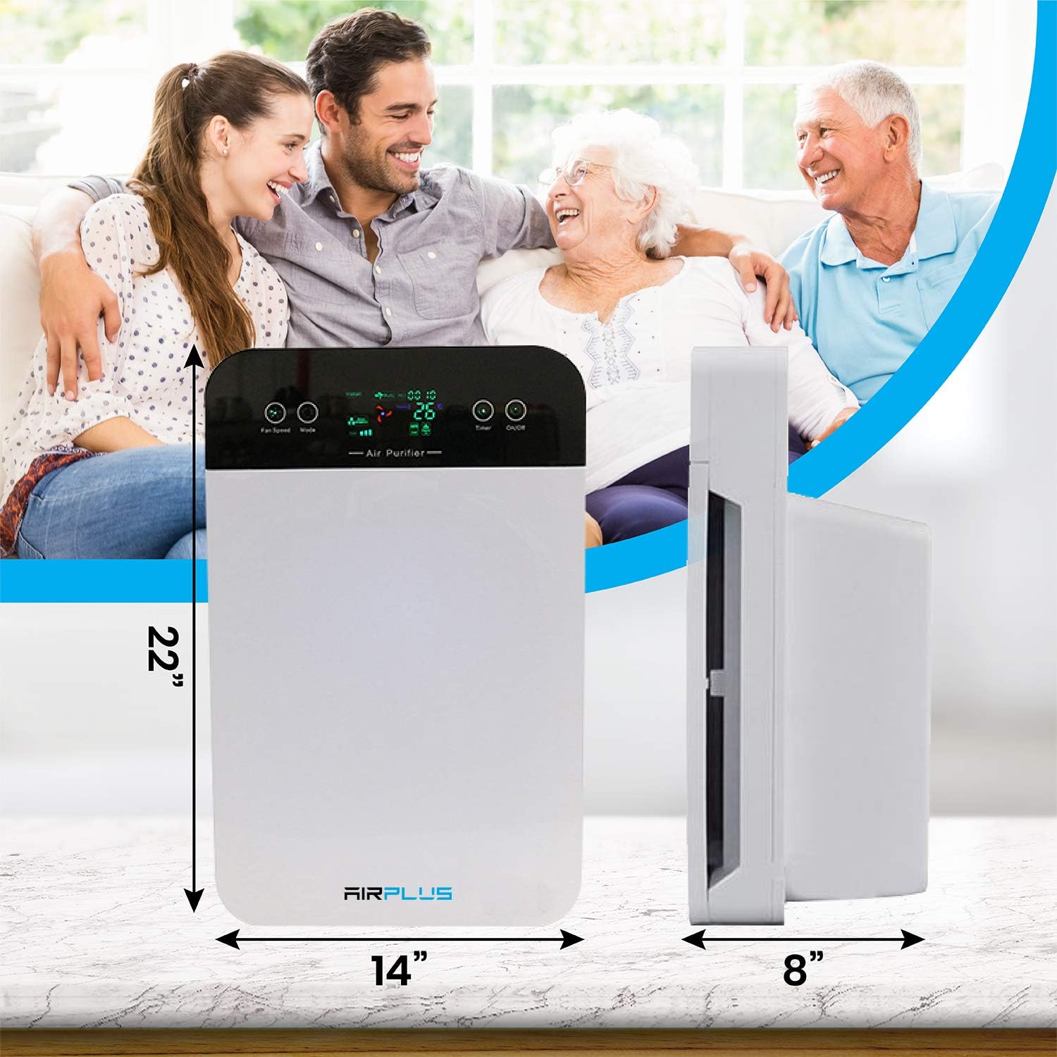 Bluonics Air Plus Room 5-in-1 Air Purifier, True HEPA Filter with UV Light Sanitizer, Filters Pollen, Wildfire Smoke, Dust, Odors Mold, and
