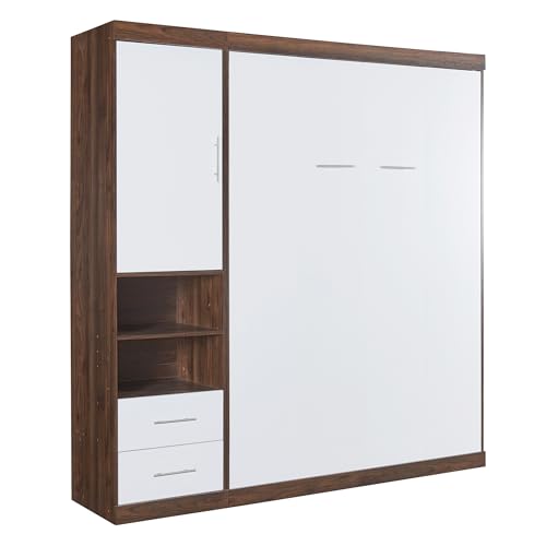 SOFTSEA Full Murphy Bed Wall Beds, Wood White Cabinet Bed 61.5” Foldable Platform Bed with Shelf for Guest Room