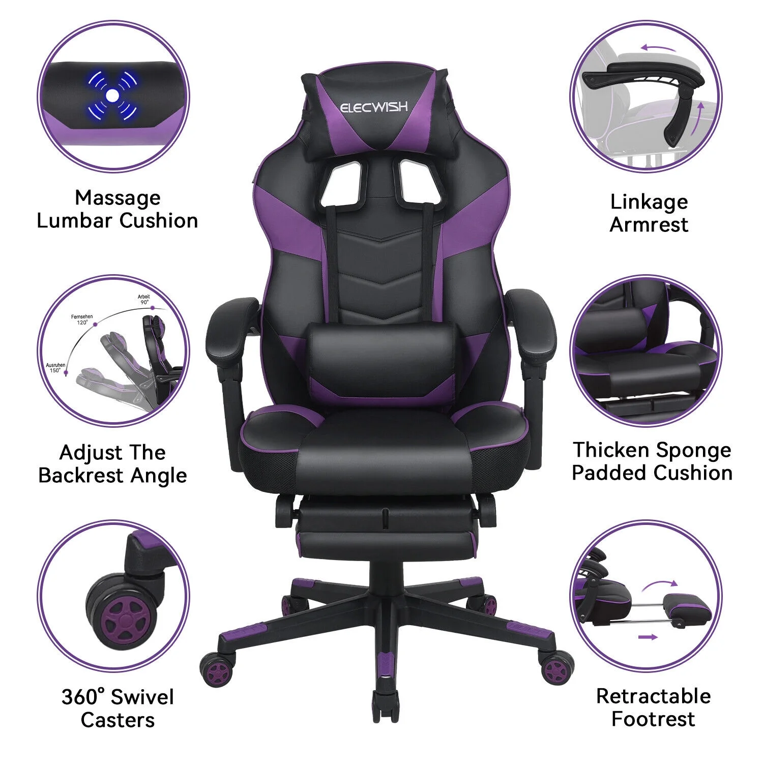 ELECWISH Gaming Chair Massage Office Chair Computer Executive Swivel Desk Seat Recliner Purple