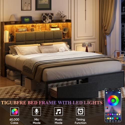 LED Bed Frame Full Size with Bookshelf Headboard, 2 Hidden Storage Drawers, Upholstered Platform Metal Bed Frame with Charging Station
