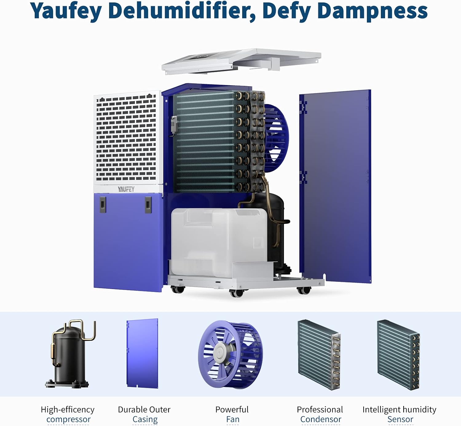 Yaufey 155 Pints Dehumidifier with Drain Hose, Commercial Dehumidifier for Large Basement, Industrial or Commercial Space, Auto Defrost