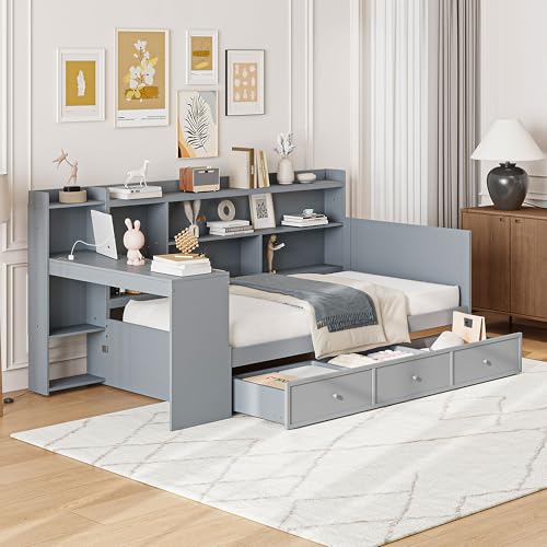 Bellemave Twin Corner Bed Frame with Storage Shelves and Desk, Wood Twin Size Daybed with Bookcase and Drawers and Storage, Gray