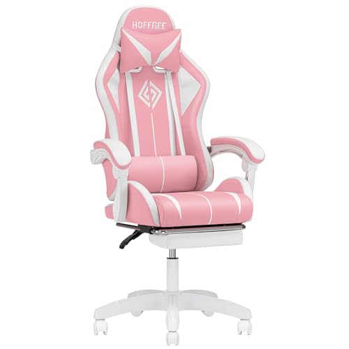 HOFFREE RGB Gaming Chair with Speakers Massage Computer Gaming Chair with LED Lights and Footrest High Back Video Game Chair for Adults Blue and Black