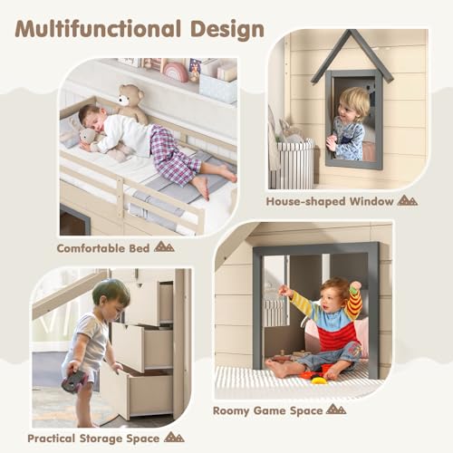 KOMFOTT Twin Low Loft Bed with 3 Storage Drawers & Underneath House, Wood Loft Bed with Slide, Ladder, Guardrails & Under-Bed Play Space