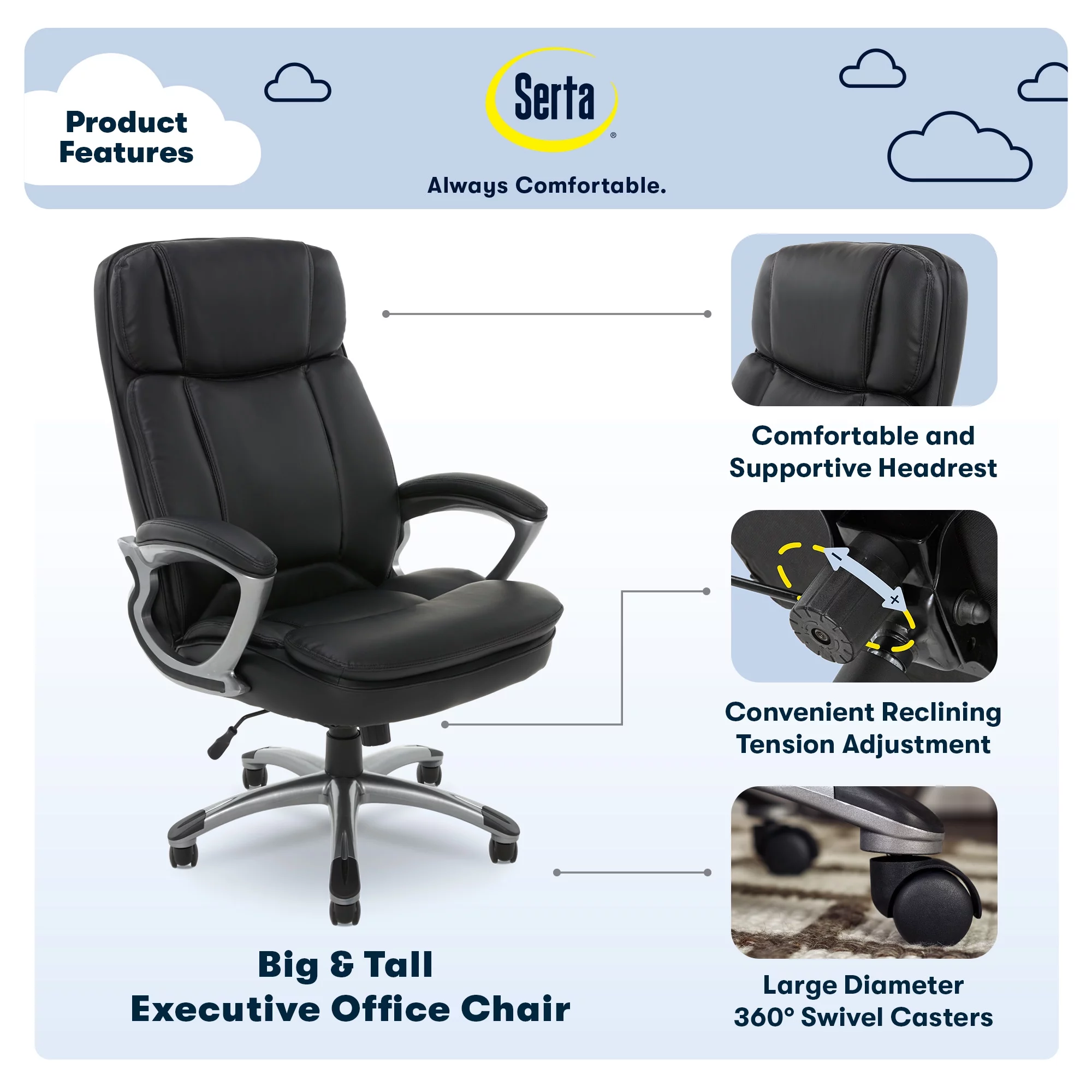 Serta Puresoft Faux Leather Big and Tall Executive Office Chair, Black