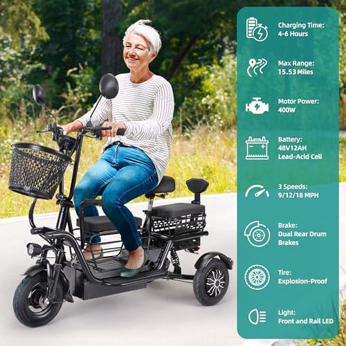 Electric Tricycle for Adults, Foldable Ebike for Seniors with 3 Seats and Storage Baskets for Shopping, 400W 48V Electric Trike up to 18 MPH