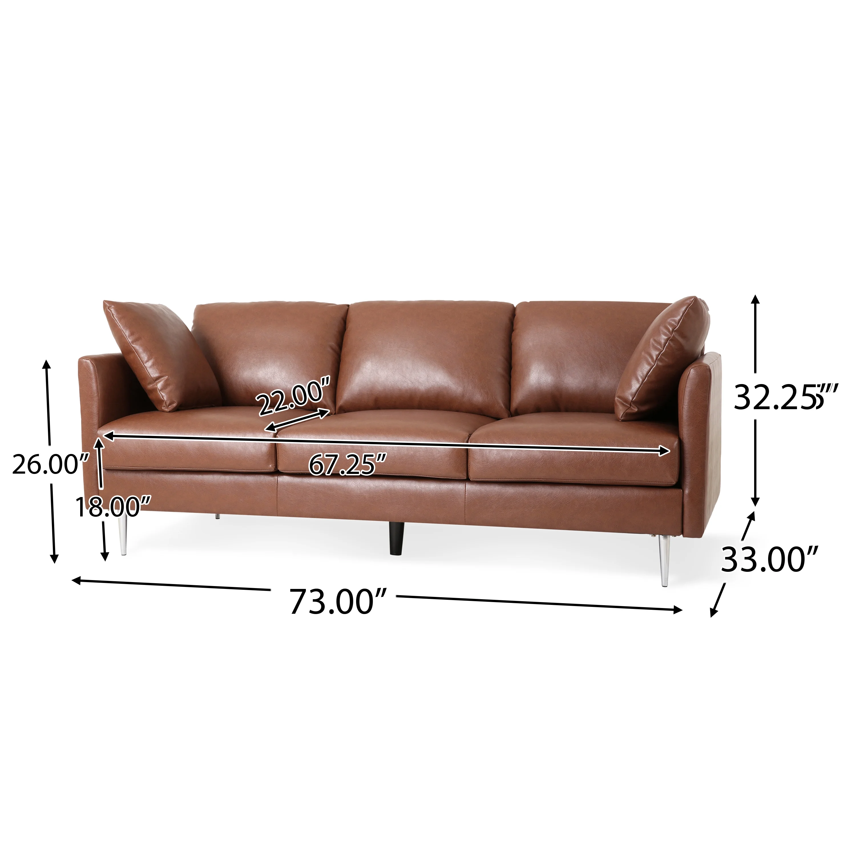 Noble House Eliphaz Faux Leather 3 Seater Sofa with Pillows, Cognac Brown