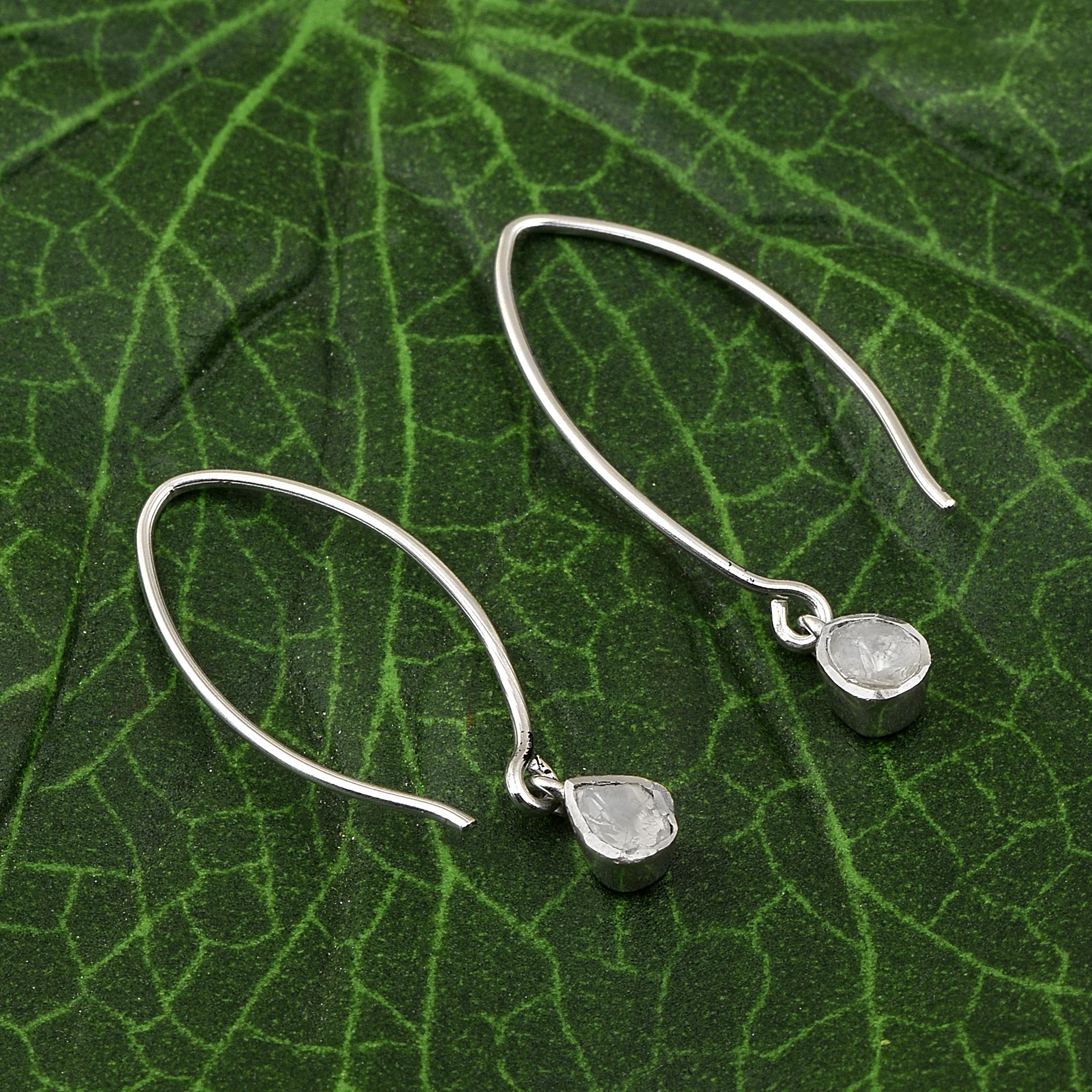 0.35 CTW Natural Diamond Polki Classic Dangles 925 Sterling Silver Platinum Plated Slice Diamond Earrings