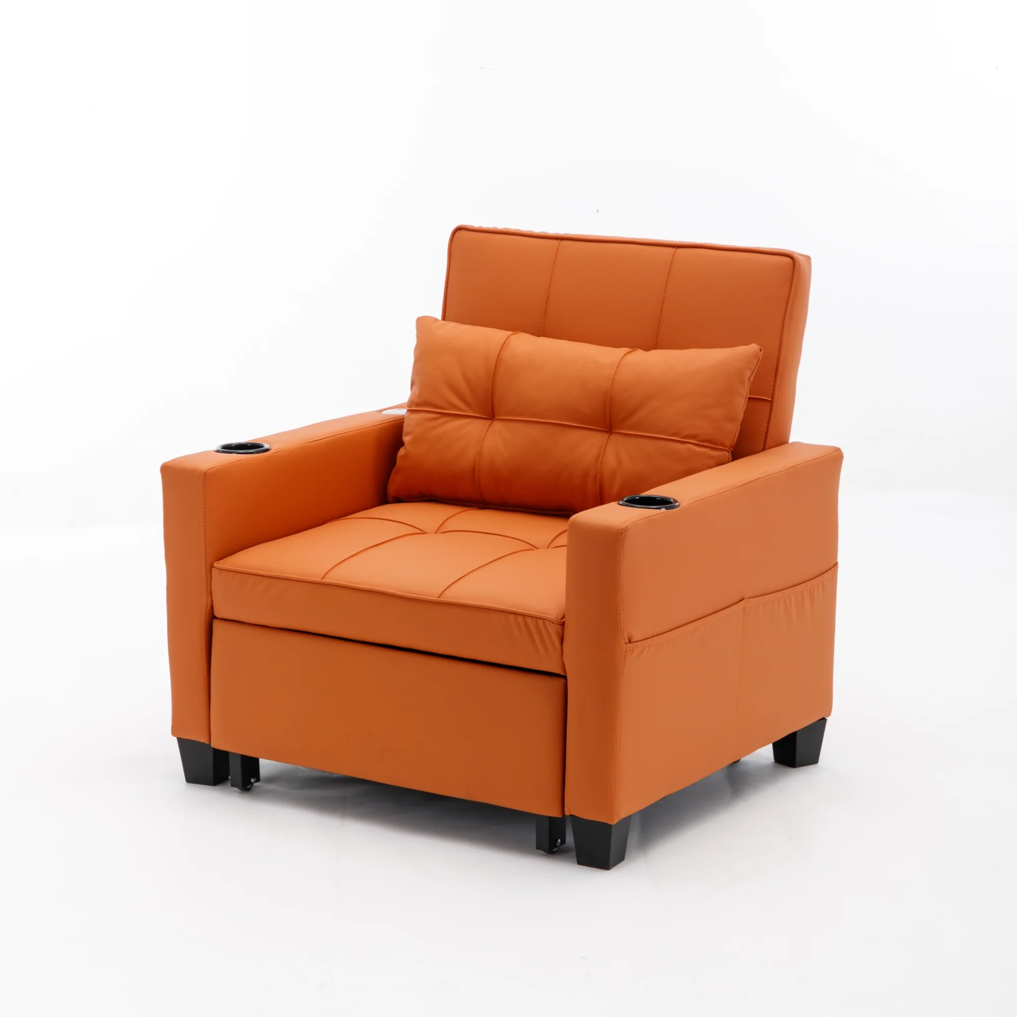 Futon Chair Bed Convertible Chair 3-in-1 Pull Out Sleeper Chair Beds with USB Ports, Armchair Bed Sleeper for Living Room (Orange Leather)
