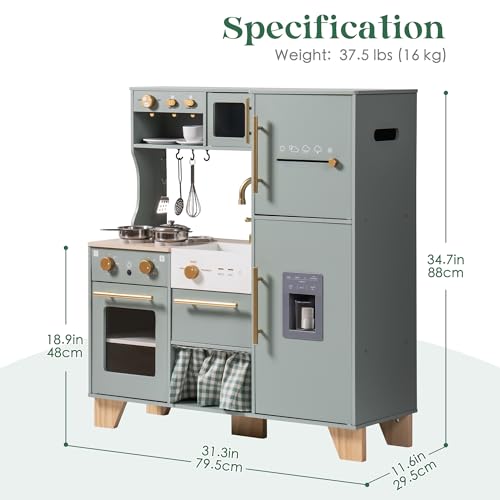 ROBUD Play Kitchen Set, Wooden Play Kitchen with Ice Maker, Fridge, Coffee Machine, Oven, Dishwasher, Microwave, Kitchen Accessories
