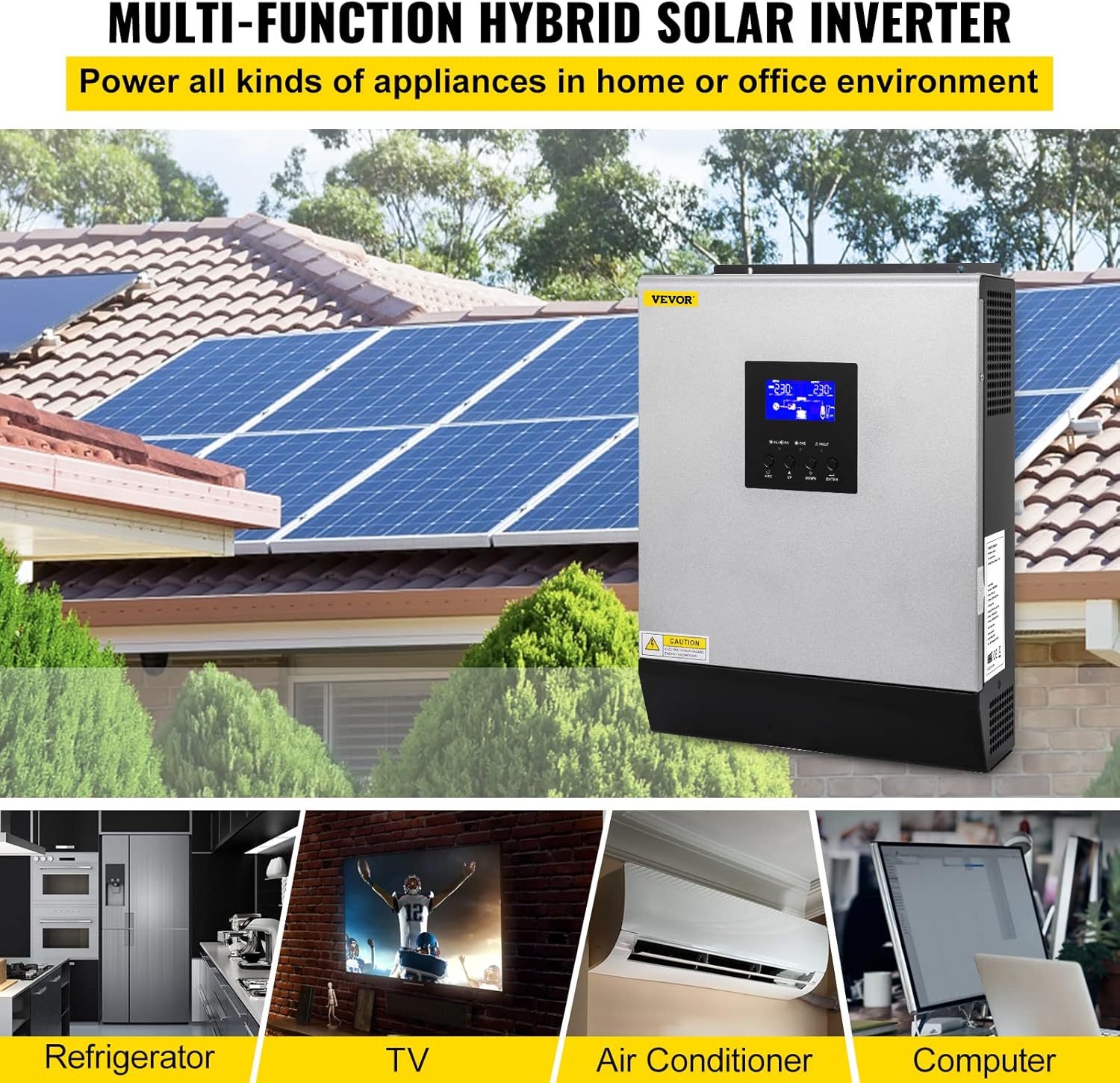 VEVOR Hybrid Solar Inverter, 3KVA 2400W, Pure Sine Wave Off-Grid Inverter