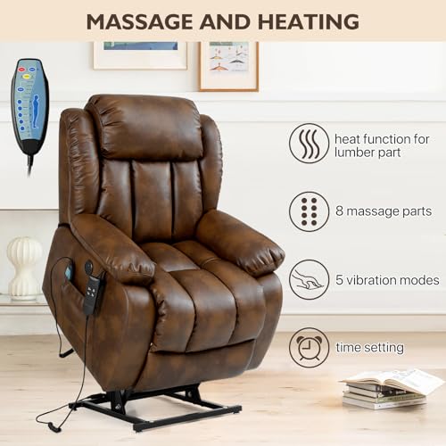 EDILLY Large Genuine Leather Power Lift Recliner Chairs for Elderly, Dual Motor with Massage and Heating,Double Lumbar Cushion and Extended Footrest