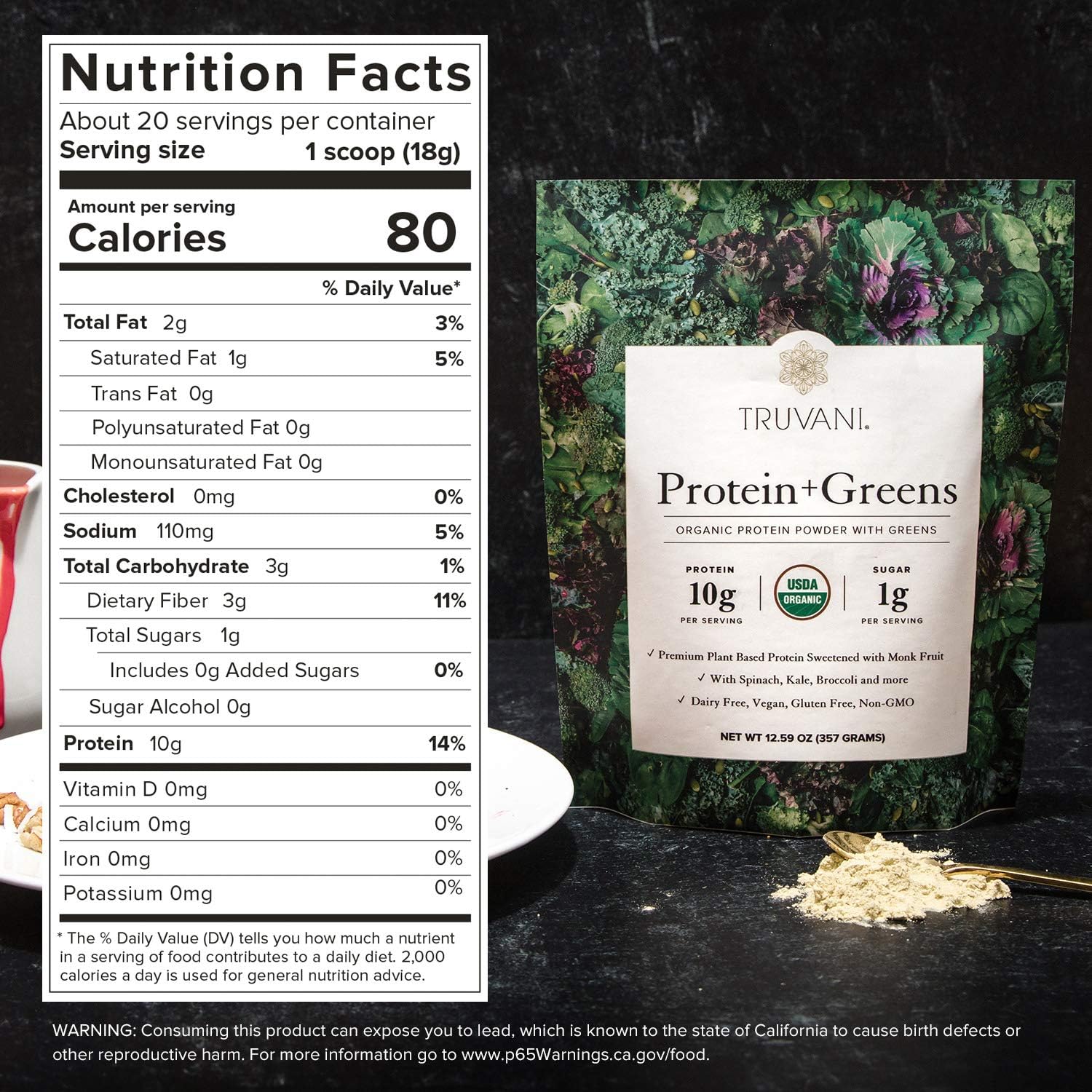 Truvani Protein + Greens | Organic, Non-GMO, Vegan, Gluten Free