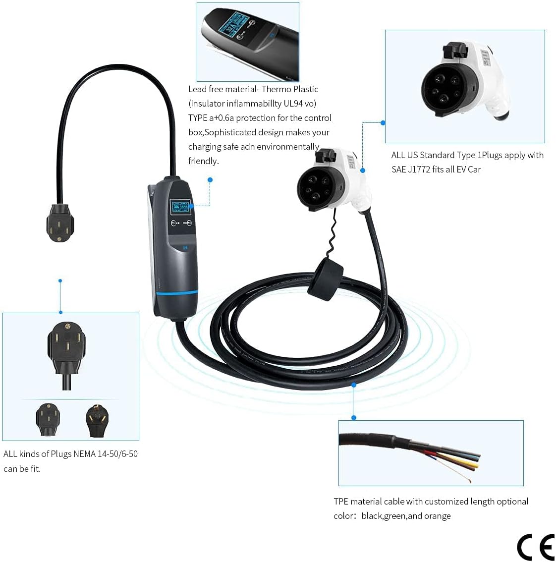 K.H.O.N.S. Upgrade Style 32A Portable EV Charging Cable for Electric Car SAE J7772 Plug with LCD Display NEMA 14-50 Plug Leve 2 EV Charger