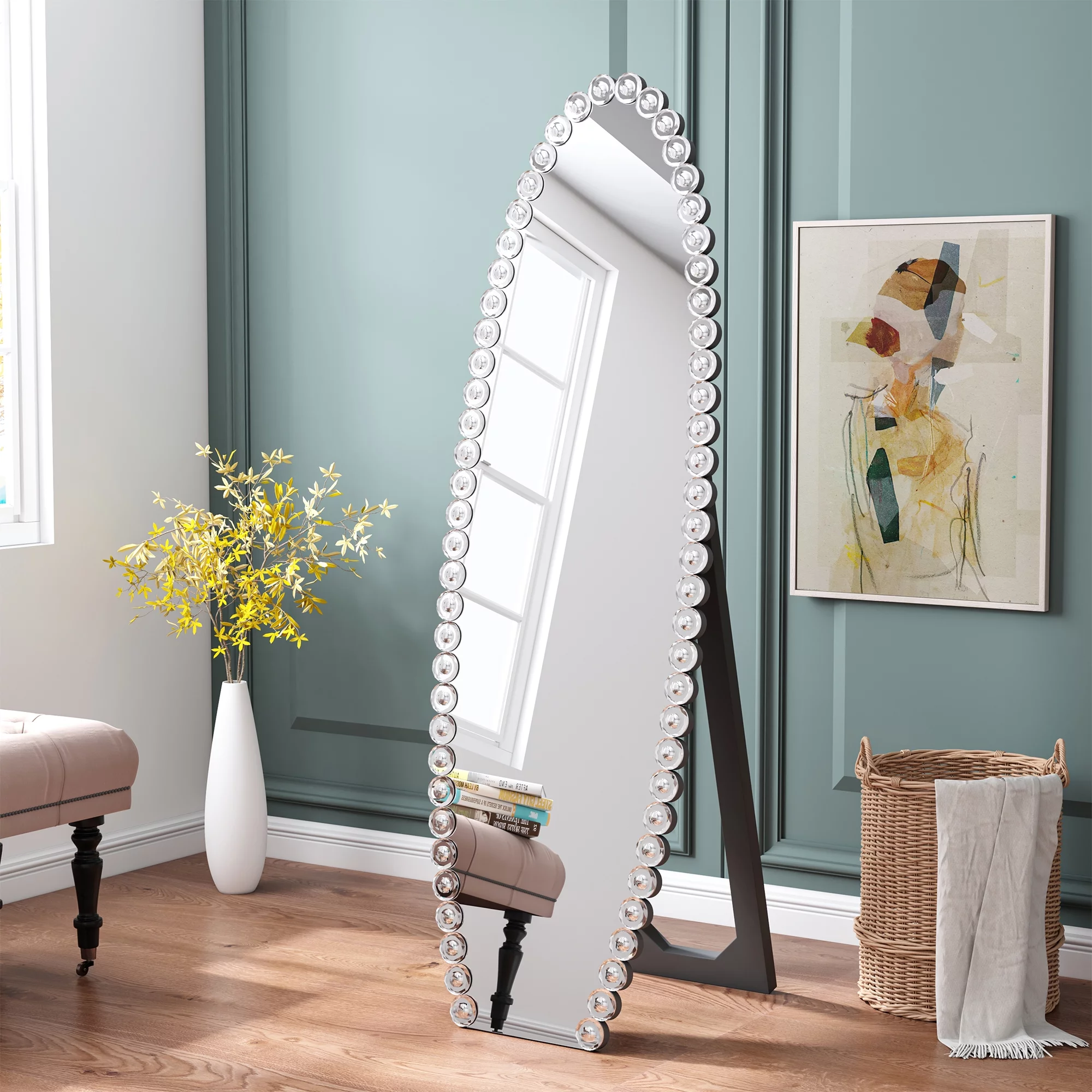SHYFOY Oval Jeweled Floor Mirror Accent Crystal Full Length Mirror for Home Decor Living Room 61"X19.7"