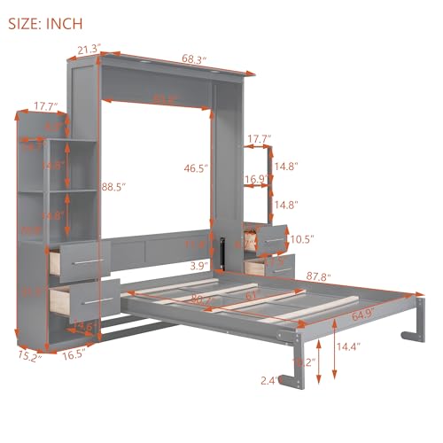 Ball & Cast Queen Size Murphy Bed,Murphy Bed Cabinet W/ 2 Five-Layer Cabinet,Hideaway Wall Bed W/LED Lights,Wood Hidden Bed Frame for Guest Room