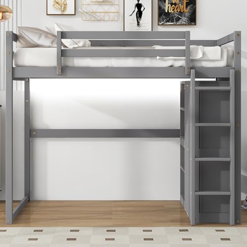 Harper & Bright Designs Full Size Loft Bed with Desk, Storage Shelves and Drawers, Solid Wood Loft Bed Frame with Built-in Wardrobe, Walnut