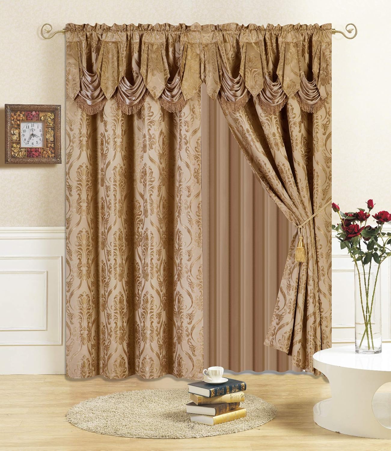 All American Collection New 4 Piece Drape Set with Attached Valance and Sheer with 2 Tie Backs Included (63" Length, Orange)