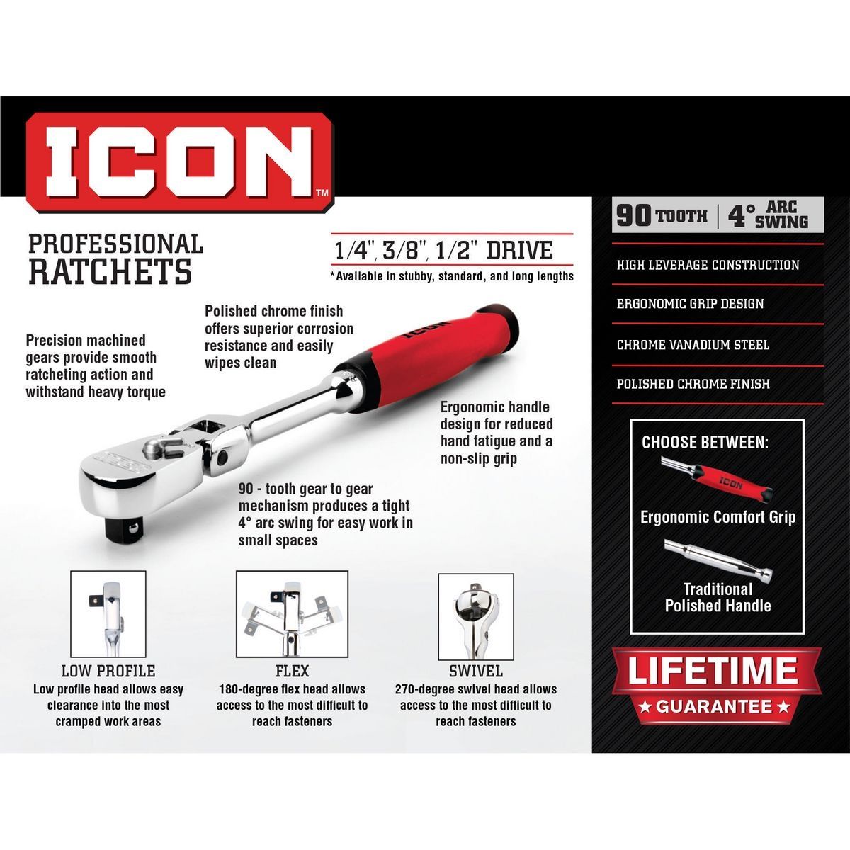 ICON 1/2 in.  Drive Professional Long-Reach Flex-Head Ratchet with Comfort Grip