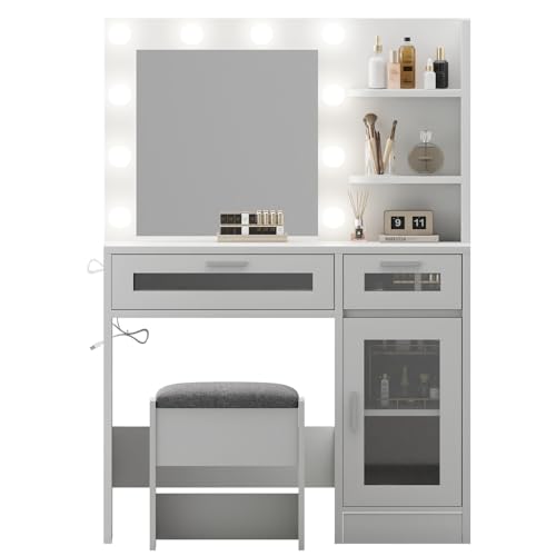 Vanity Desk with Mirror and Lights, Makeup Vanity with Drawer & Storage Shelves, Cabinet, 3 Lighting Modes Adjustable Brightness