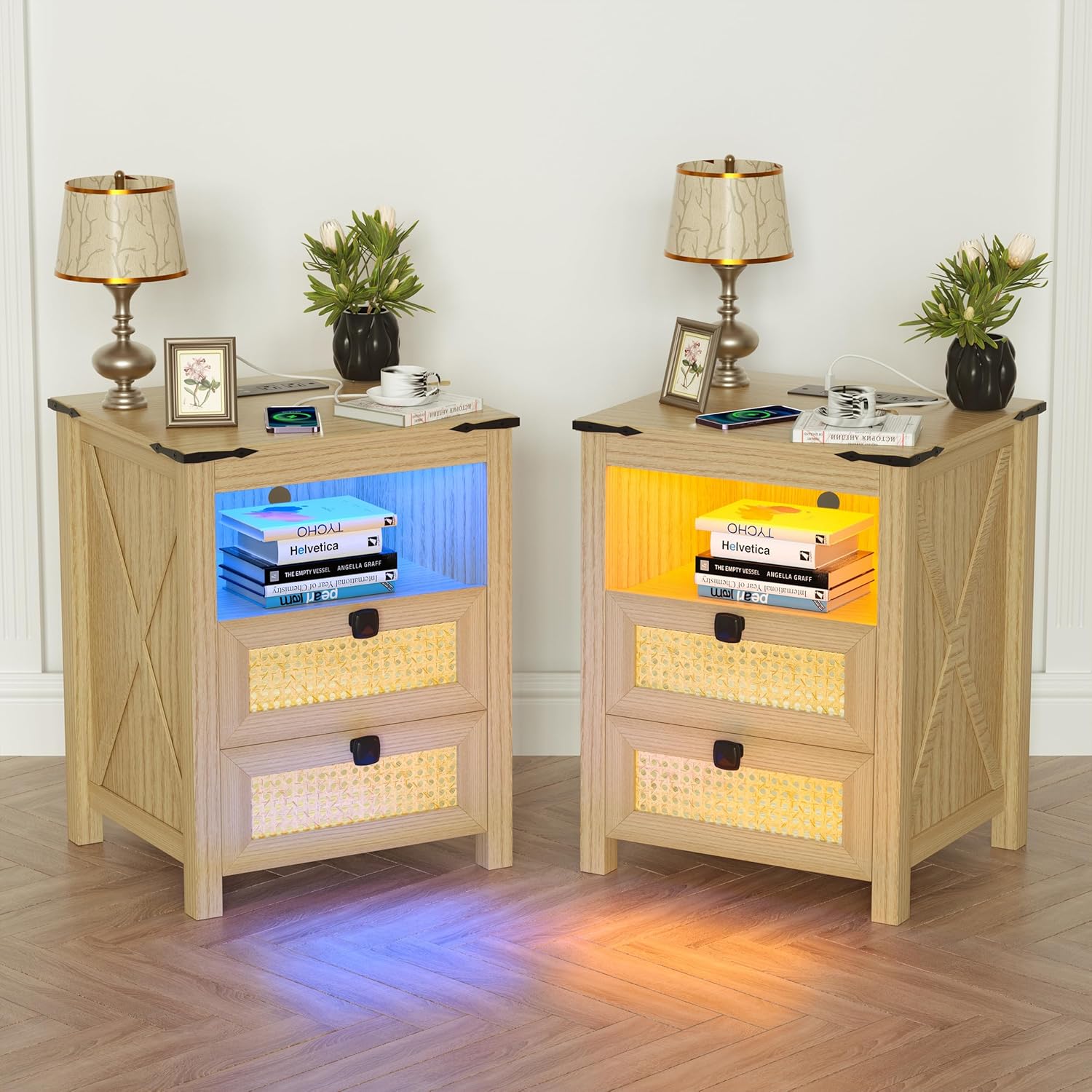 Modern Nightstand Set of 2, Nightstand with Charging Station, LED Night Stand with Rattan Drawers, Side End Table with Human Sensor Light