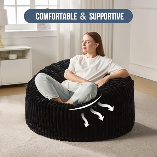 Hobestluk 5ft Bean Bag Chairs for Adults Large Beanbag Chair with Stripe Plush Cover Big Bean Bag Chair for Living Room Bedroom Dorm Office -Black