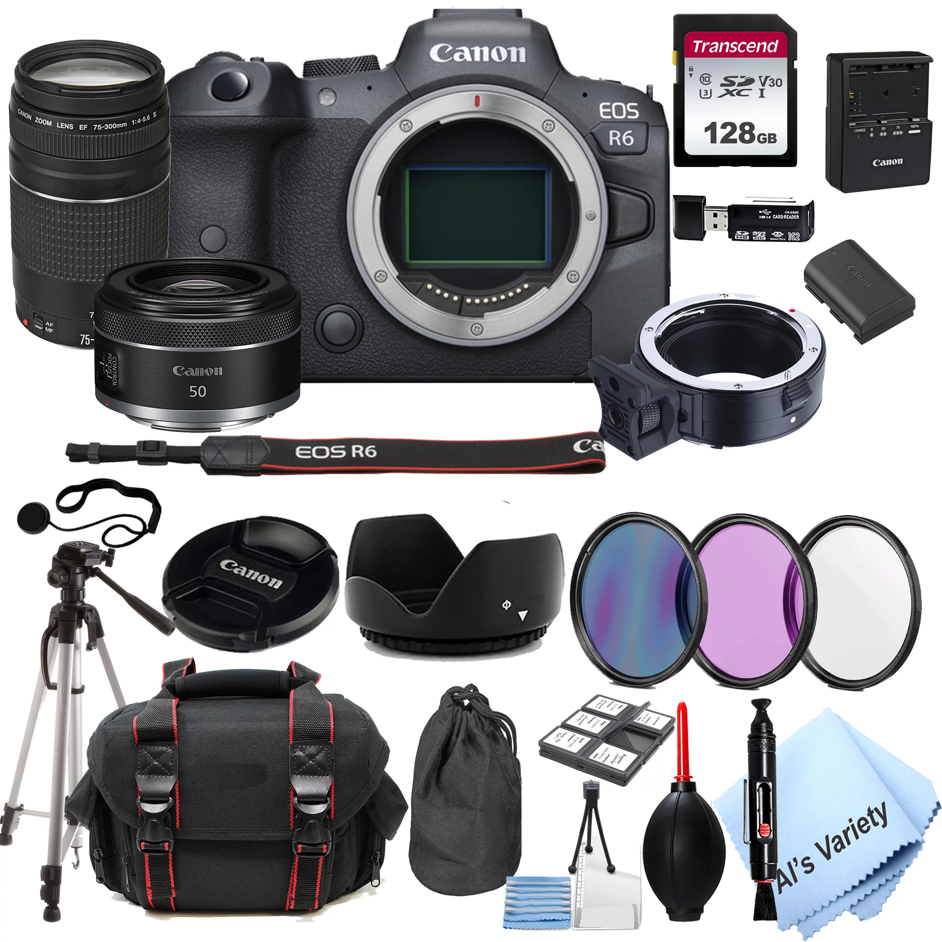 Canon EOS R6 Mirrorless Digital Camera with RF 50mm f/1.8 STM  Lens Bundle + 75-300mm F/4-5.6 III Lens + 128GB Memory + Case + Filters + Tripod (26pc