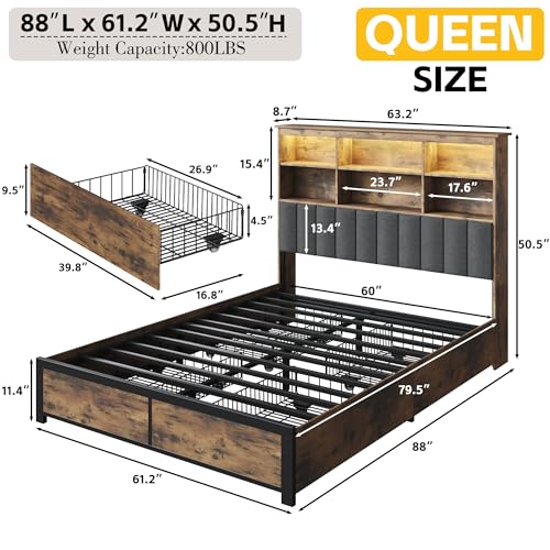 Lifezone Queen Bed Frame with Headboard, Queen Bed Frame with High Storage Bookcase Headboard,4 Storage Drawers & Charging Station & LED
