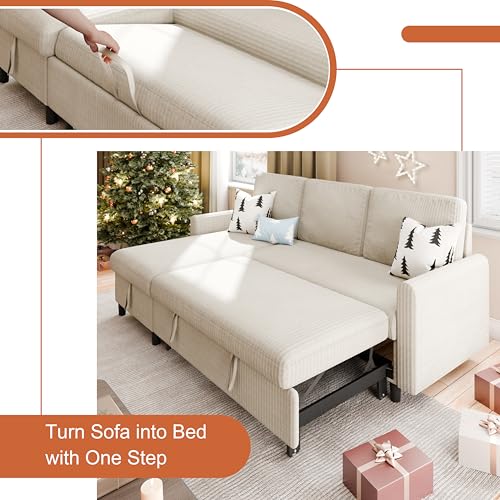Vongrasig Convertible Sleeper Sofa, Pull Out Couch with Storage, 77" L-Shaped Sofa Bed with Storage Chaise Corduroy Fabric for Living Room, Apartment