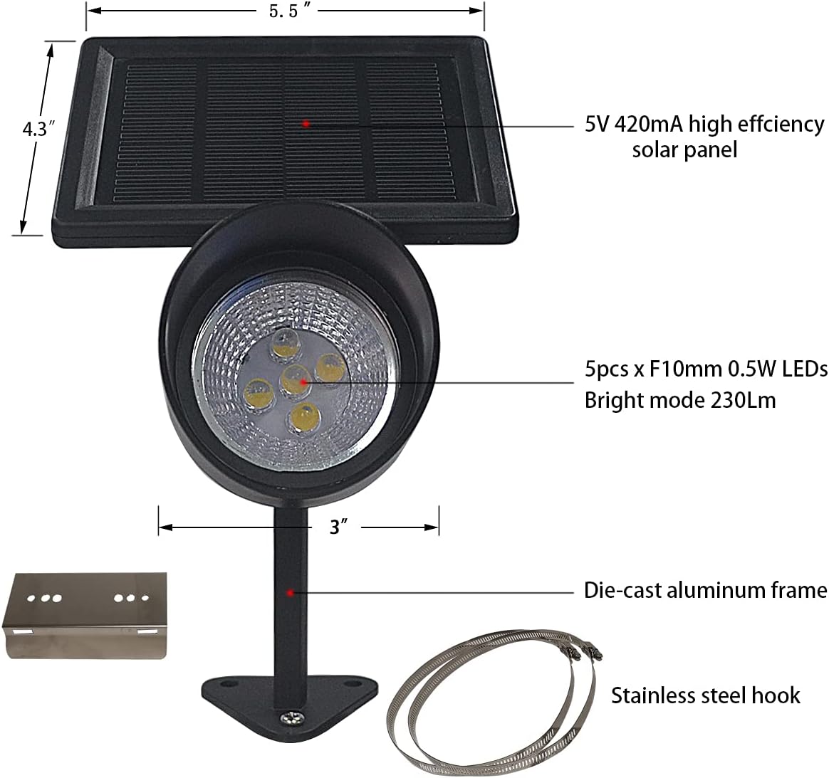 Solar Flag Pole Light, 5 Super-Bright LEDs, Adjustable Metal Clamps Fits 2-6'' Flag Poles, Waterproof Outdoor Dusk to Dawn